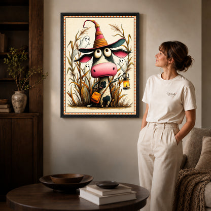 Black framed lantern witch cow artwork scene assigned to all six black framed canvas sizes.