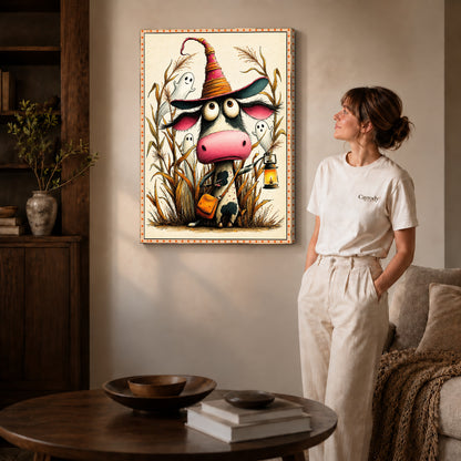 Gallery wrapped lantern witch cow artwork scene assigned to all six unframed wrapped canvas sizes.