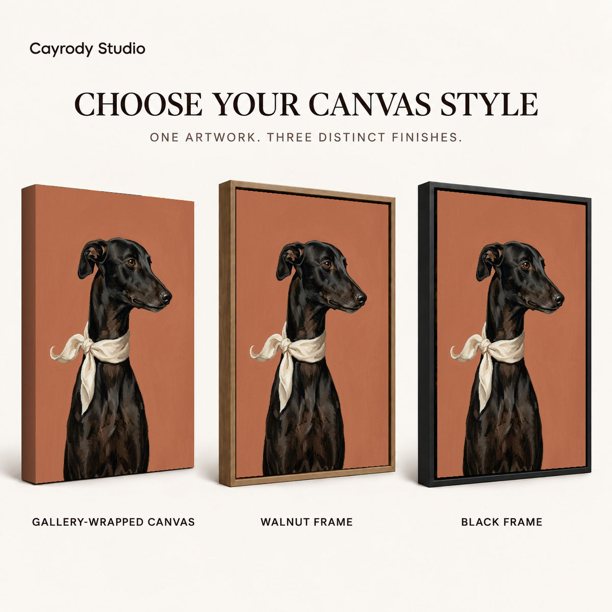 Elegant greyhound portrait canvas art finish chart showing gallery wrapped canvas, walnut frame, and black frame options.