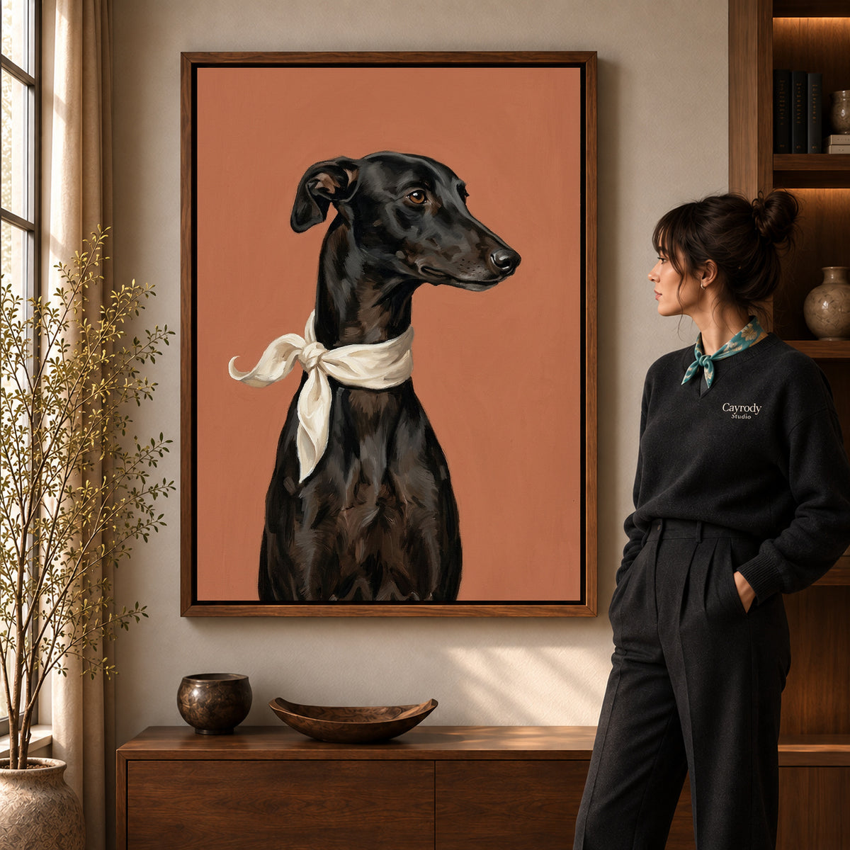 Walnut framed elegant greyhound portrait canvas art room scene assigned to all six walnut framed canvas sizes.