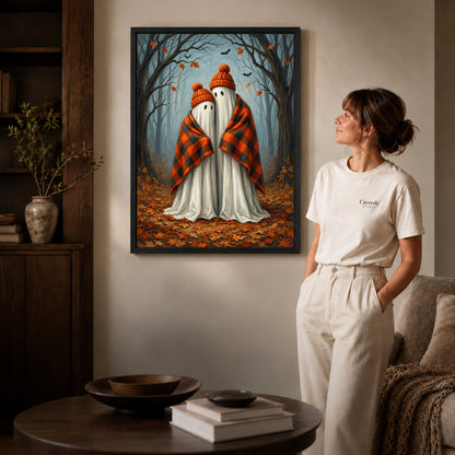 Black framed cozy autumn ghosts artwork beside a woman in a warm neutral living room.