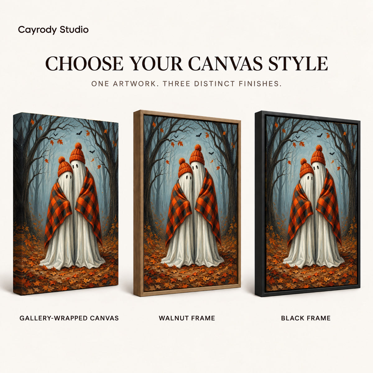Cozy Autumn Ghosts artwork finish chart showing gallery wrapped canvas, walnut frame, and black frame options.