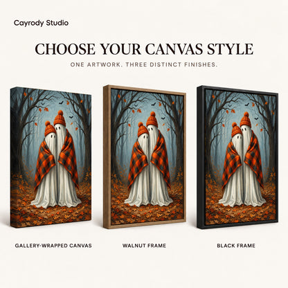 Cozy Autumn Ghosts artwork finish chart showing gallery wrapped canvas, walnut frame, and black frame options.