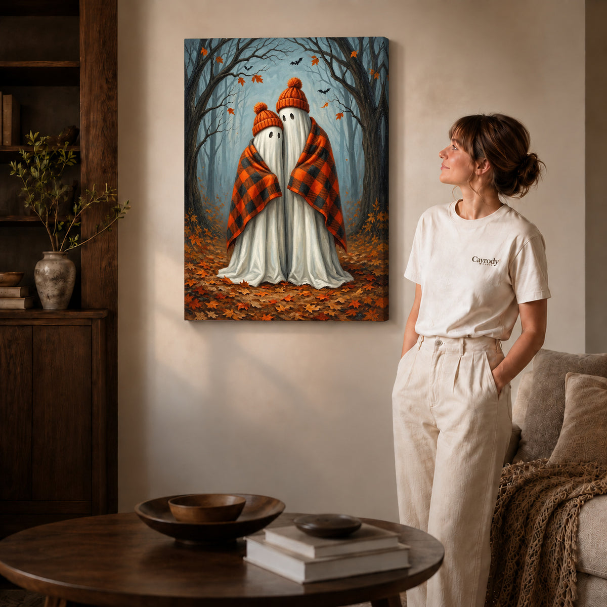 Gallery wrapped cozy autumn ghosts artwork scene assigned to all six unframed wrapped canvas sizes.
