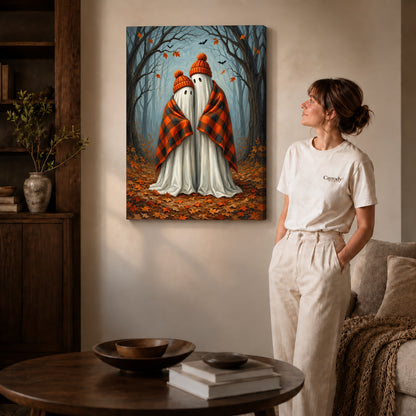 Gallery wrapped cozy autumn ghosts artwork scene assigned to all six unframed wrapped canvas sizes.