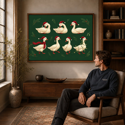 Walnut framed holiday goose flock canvas art displayed above a seated man in a wood furnished room.