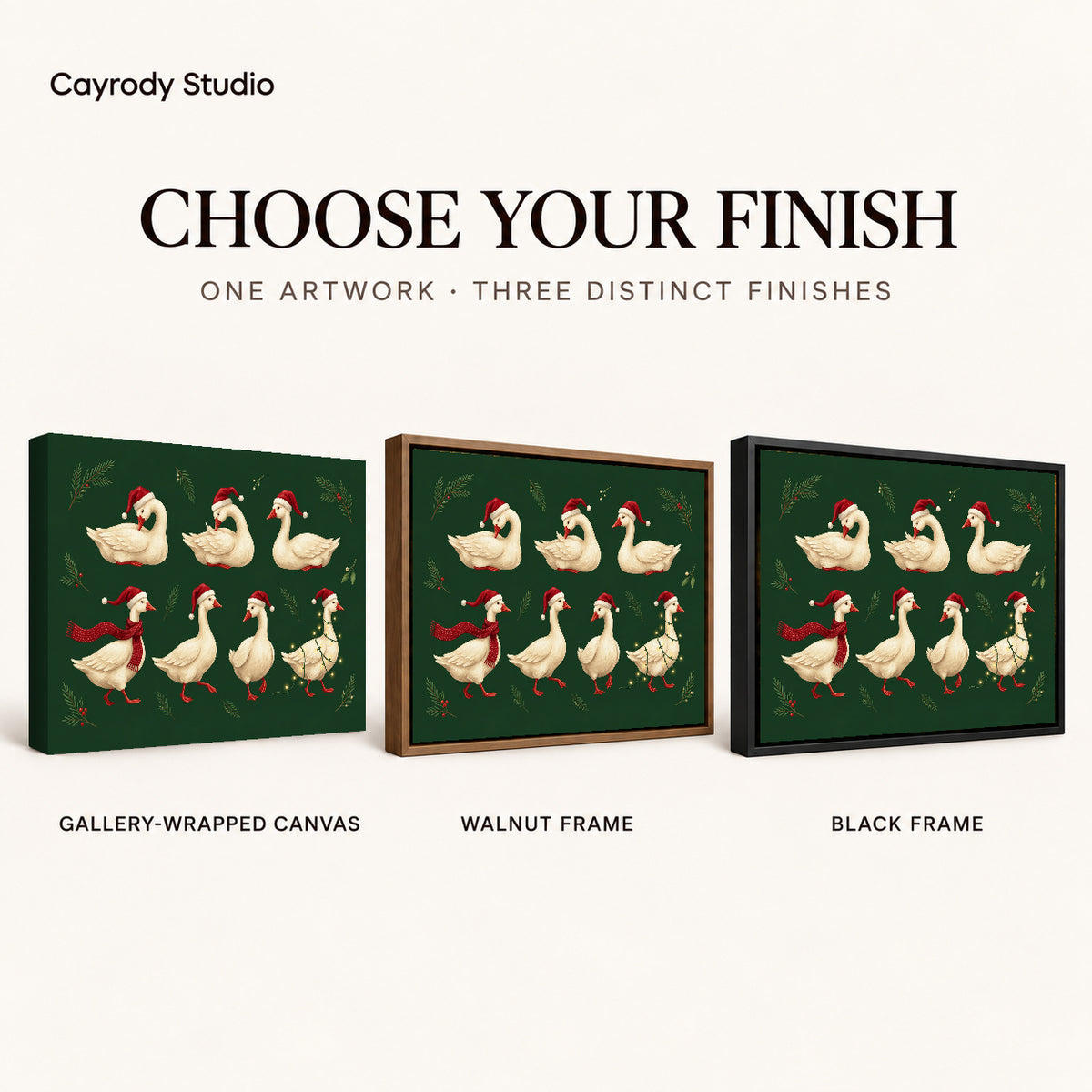Holiday goose flock canvas art finish chart showing gallery wrapped canvas, walnut frame, and black frame options.