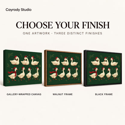 Holiday goose flock canvas art finish chart showing gallery wrapped canvas, walnut frame, and black frame options.