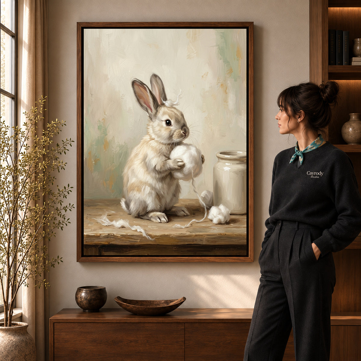 Soft cotton ball rabbit canvas art in a walnut frame beside a standing woman in a warm living room.