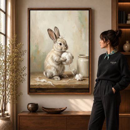 Soft cotton ball rabbit canvas art in a walnut frame beside a standing woman in a warm living room.