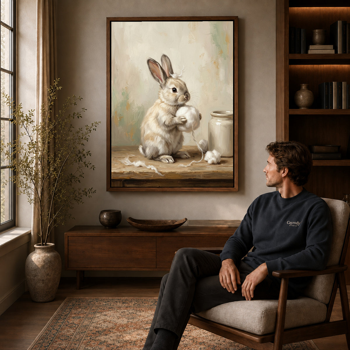 Walnut framed soft cotton ball rabbit canvas art displayed above a seated man in a wood furnished room.