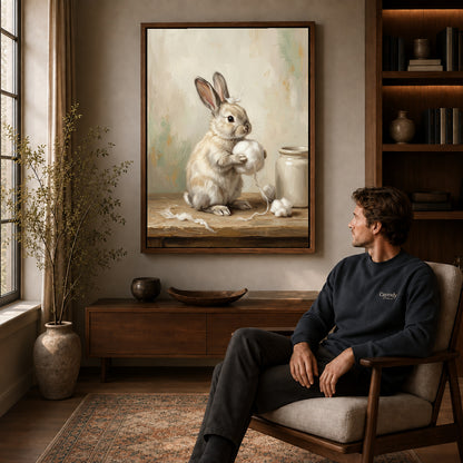 Walnut framed soft cotton ball rabbit canvas art displayed above a seated man in a wood furnished room.