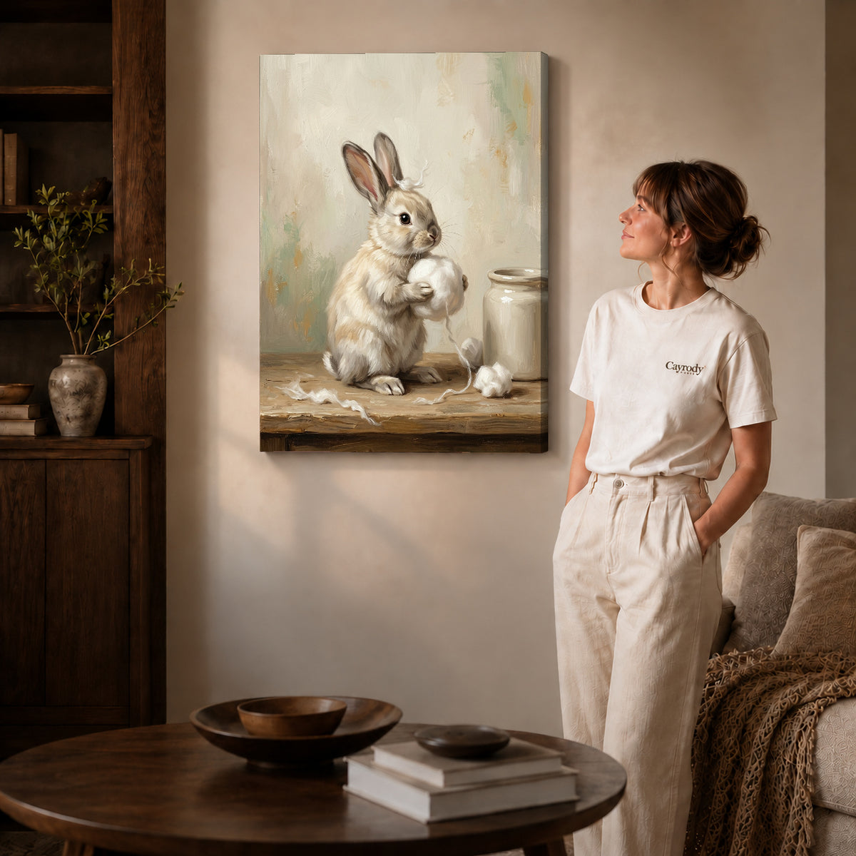 Gallery wrapped soft cotton ball rabbit canvas art with naturally shaded canvas edges beside a woman wearing cream clothing.