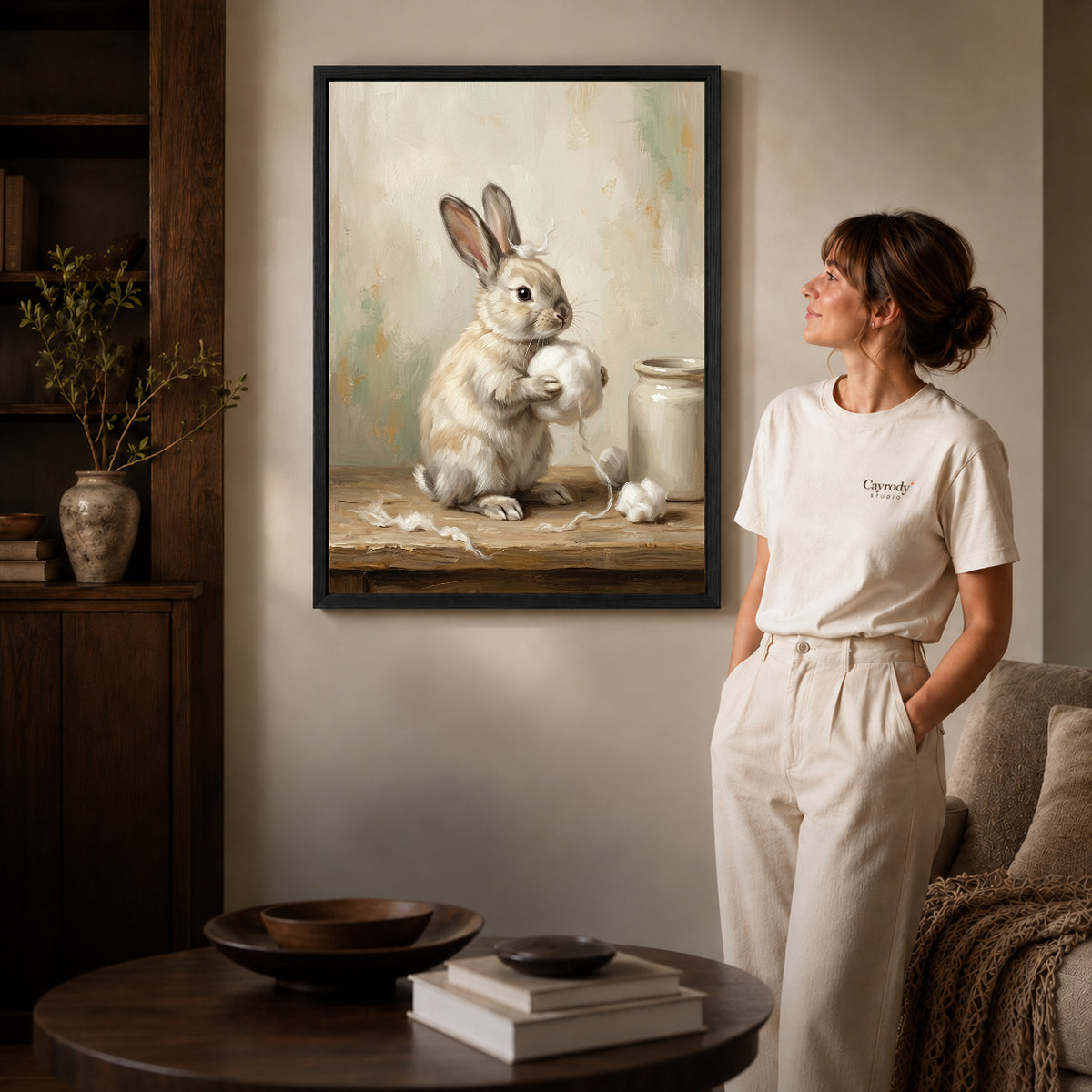 Black framed soft cotton ball rabbit canvas art displayed beside a woman in a warm neutral living room.