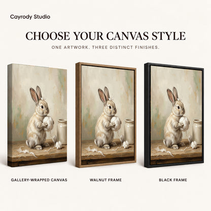 Soft cotton ball rabbit canvas art finish chart showing gallery wrapped canvas, walnut frame, and black frame options.