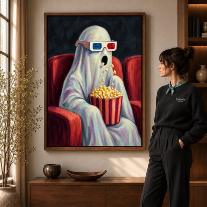 Cinema Ghost Surprise artwork in a walnut frame beside a standing woman in a warm room.