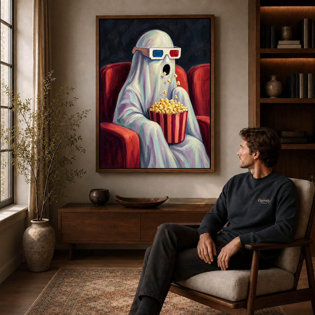 Walnut framed cinema ghost surprise artwork above a seated man in a wood furnished living room.