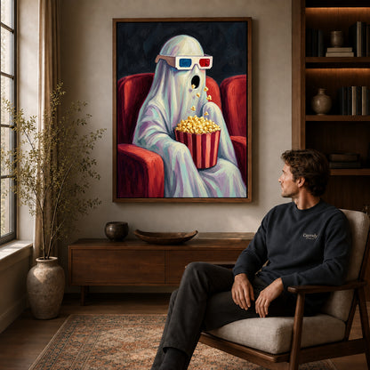 Walnut framed cinema ghost surprise artwork above a seated man in a wood furnished living room.