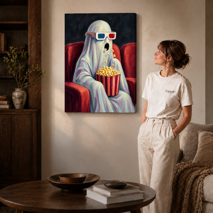 Gallery wrapped cinema ghost surprise artwork with shaded canvas edges beside a woman wearing cream clothing.