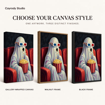 Cinema Ghost Surprise artwork finish chart showing gallery wrapped canvas, walnut frame, and black frame options.