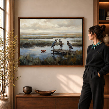 Quiet marsh herons canvas art in a walnut frame beside a standing woman in a warm living room.
