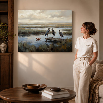 Gallery wrapped quiet marsh herons canvas art with naturally shaded canvas edges beside a woman wearing cream clothing.
