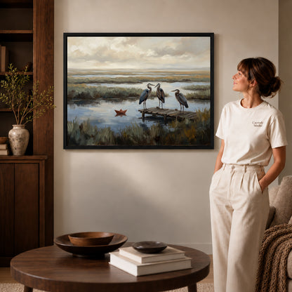 Black framed quiet marsh herons canvas art displayed beside a woman in a warm neutral living room.