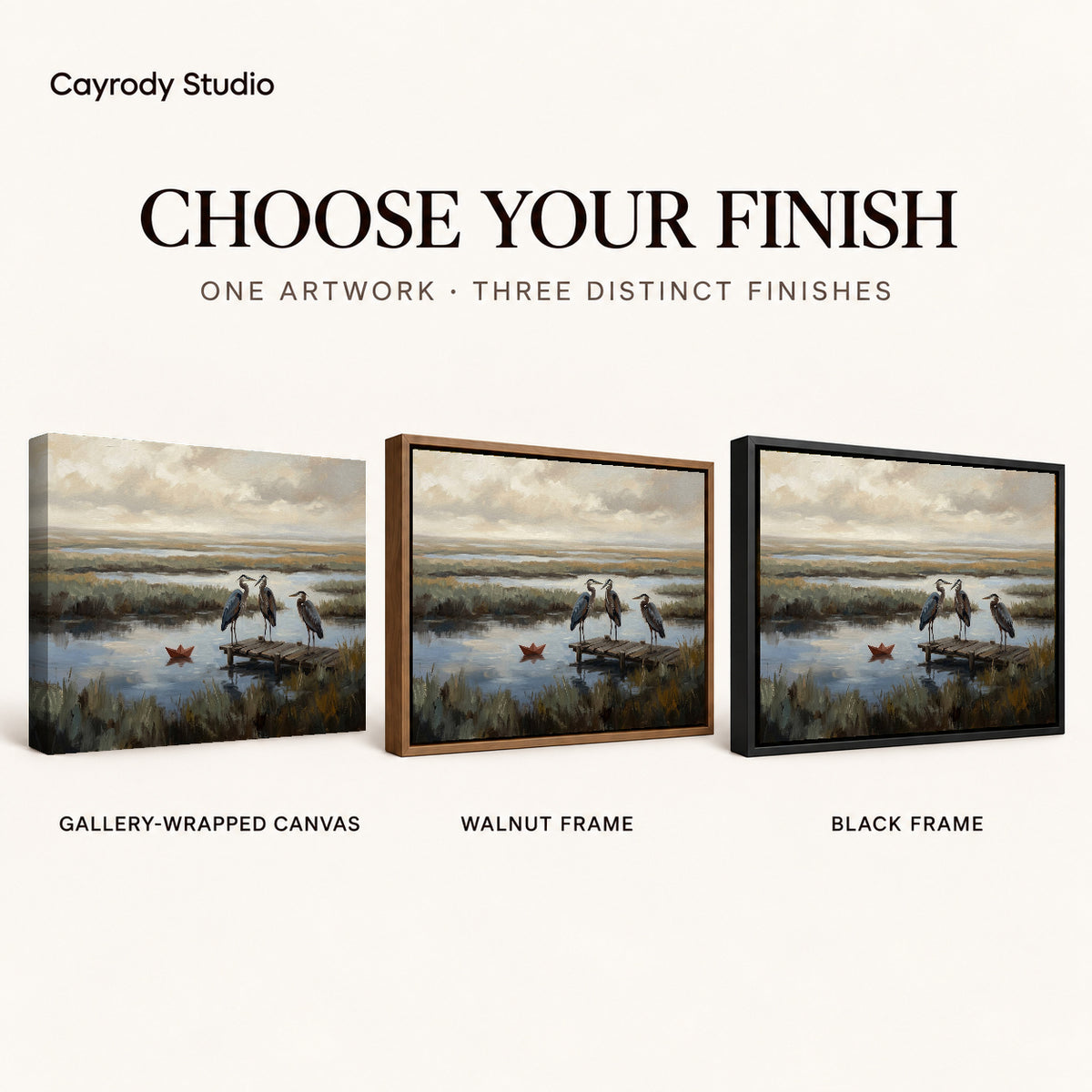 Quiet marsh herons canvas art finish chart showing gallery wrapped canvas, walnut frame, and black frame options.
