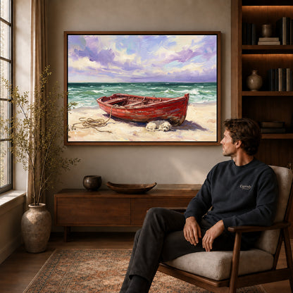 Walnut framed red boat beach canvas art displayed above a seated man in a wood furnished room.