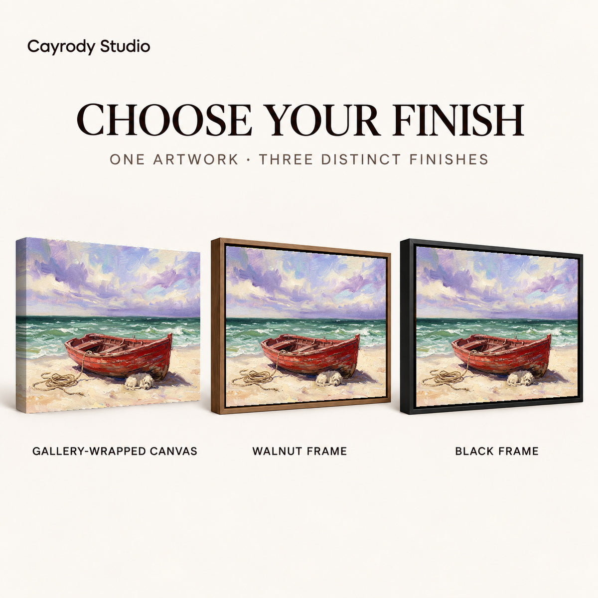 Red boat beach canvas art finish chart showing gallery wrapped canvas, walnut frame, and black frame options.
