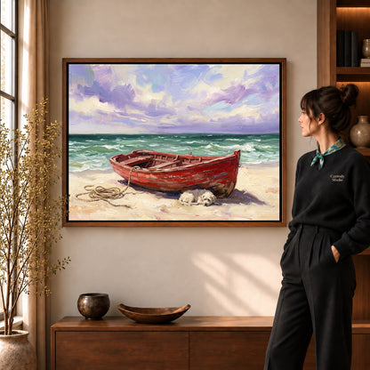Walnut framed red boat beach canvas art room scene assigned to all six walnut framed canvas sizes.