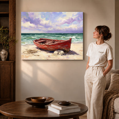 Gallery wrapped red boat beach canvas art room scene assigned to all six unframed wrapped canvas sizes.