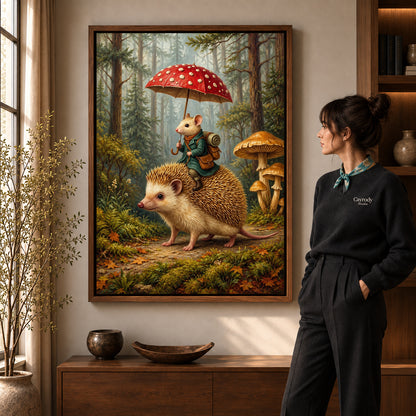Mushroom Umbrella Journey artwork in a walnut frame beside a standing woman in a warm room.