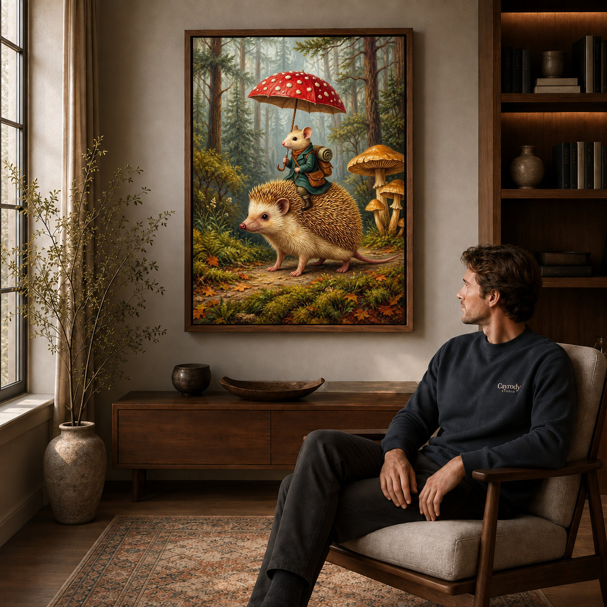 Walnut framed mushroom umbrella journey artwork above a seated man in a wood furnished living room.