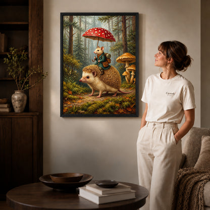 Black framed mushroom umbrella journey artwork beside a woman in a warm neutral living room.
