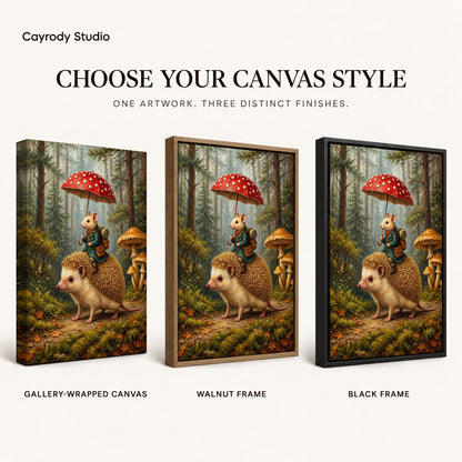 Mushroom Umbrella Journey artwork finish chart showing gallery wrapped canvas, walnut frame, and black frame options.