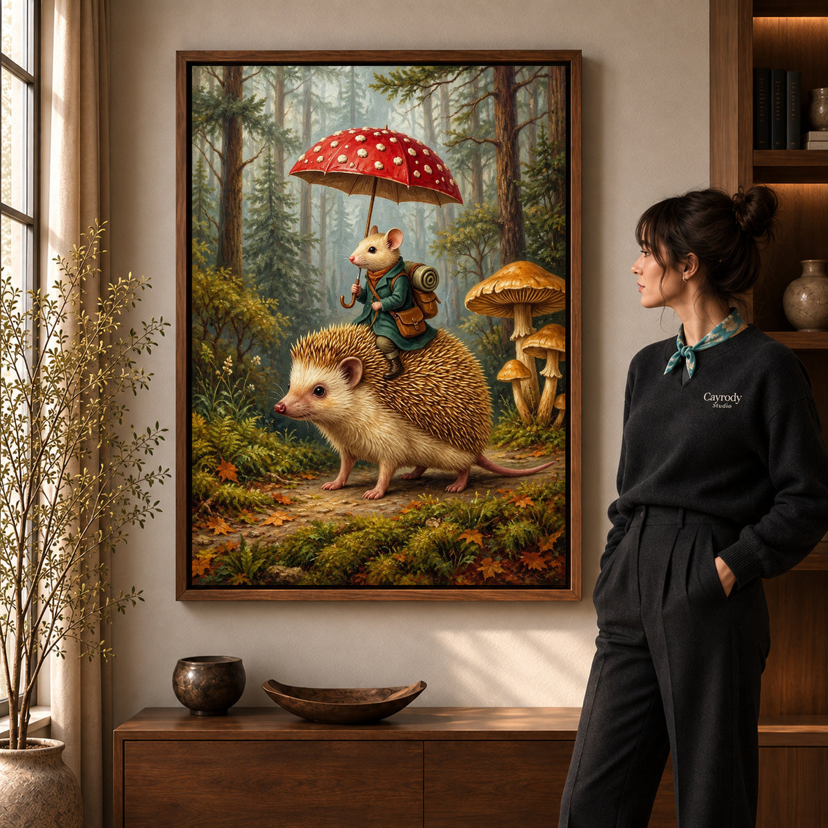 Walnut framed mushroom umbrella journey artwork scene assigned to all six walnut framed canvas sizes.