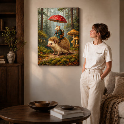 Gallery wrapped mushroom umbrella journey artwork scene assigned to all six unframed wrapped canvas sizes.