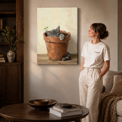 Gallery wrapped sleeping kitten pot canvas art with naturally shaded canvas edges beside a woman wearing cream clothing.