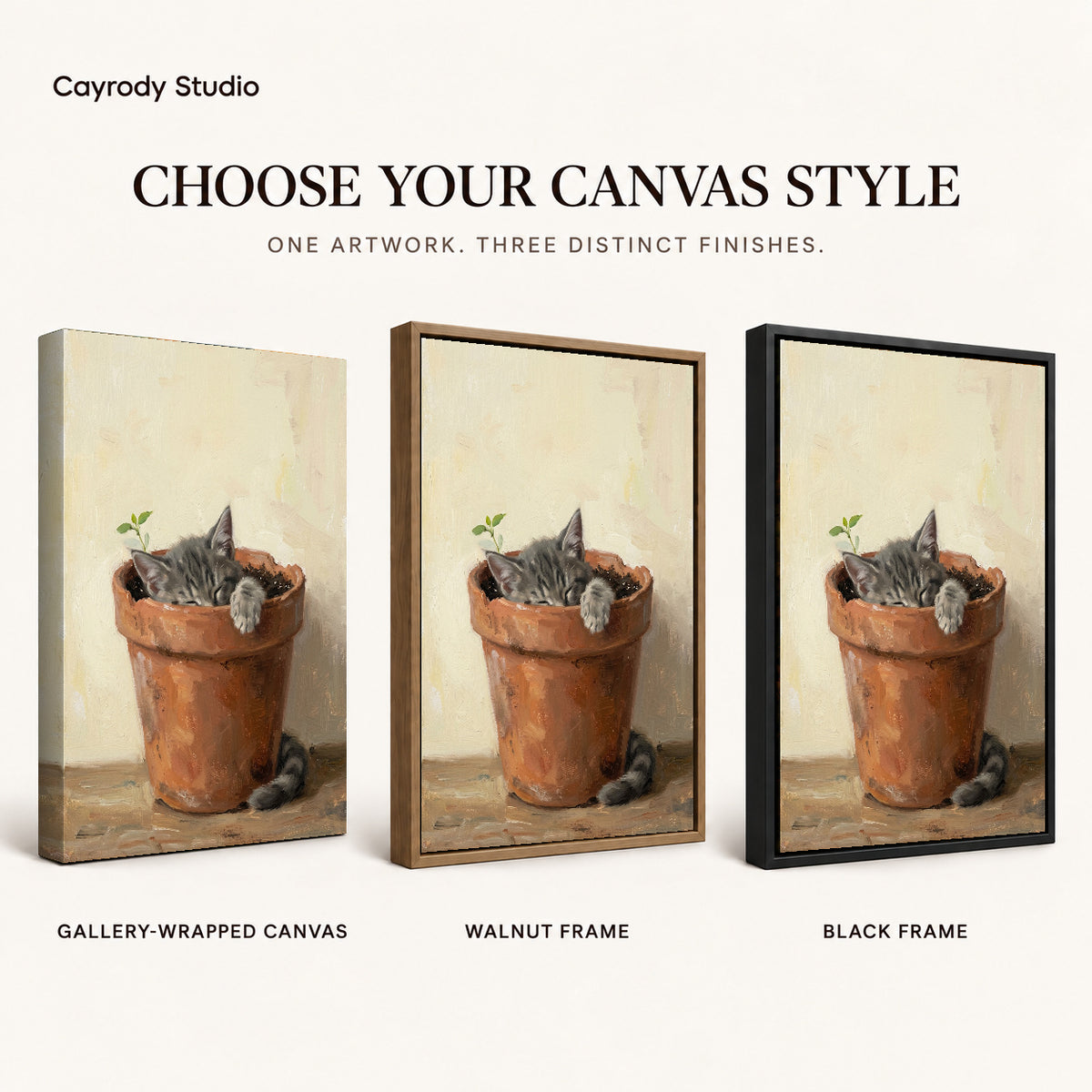 Sleeping kitten pot canvas art finish chart showing gallery wrapped canvas, walnut frame, and black frame options.