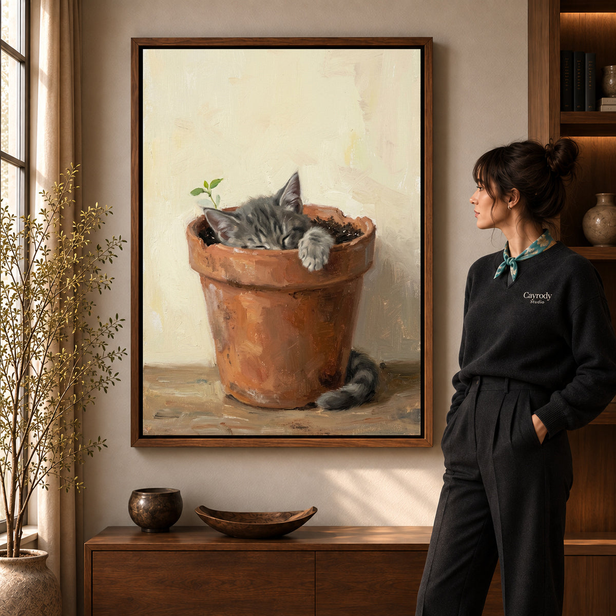 Walnut framed sleeping kitten pot canvas art room scene assigned to all six walnut framed canvas sizes.