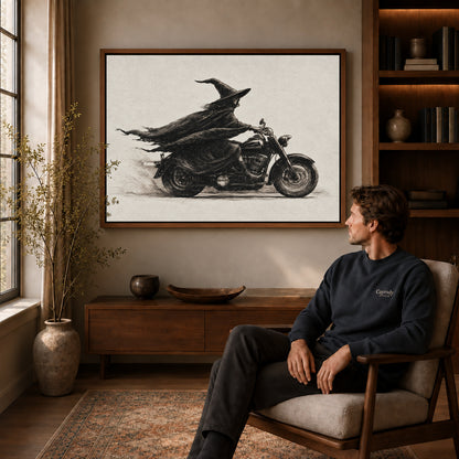 Walnut framed midnight witch rider artwork above a seated man in a wood furnished living room.
