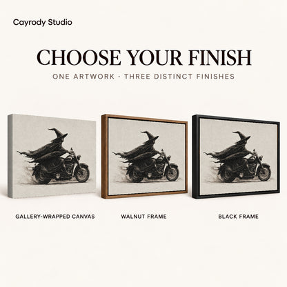 Midnight Witch Rider artwork finish chart showing gallery wrapped canvas, walnut frame, and black frame options.