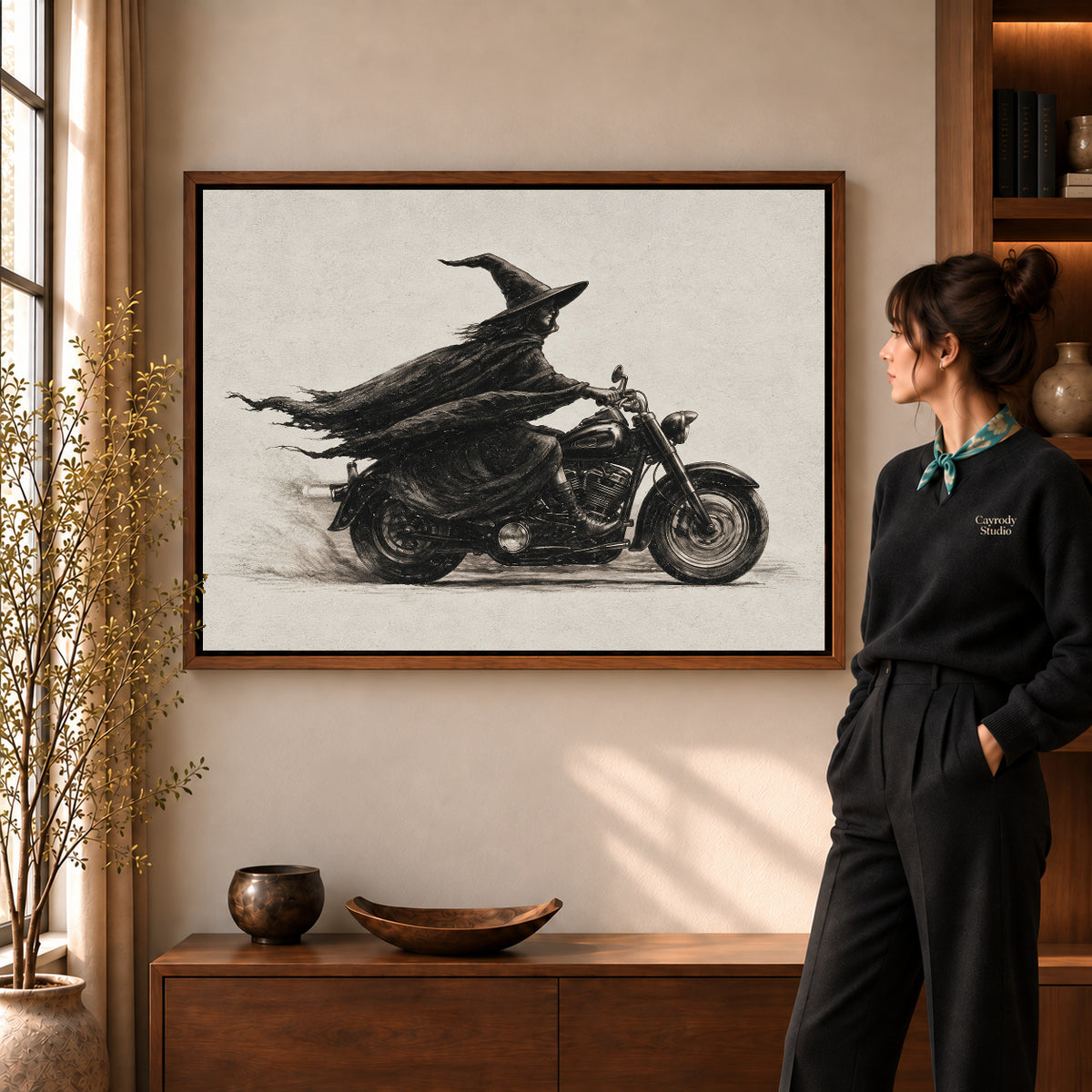 Walnut framed midnight witch rider artwork scene assigned to all six walnut framed canvas sizes.