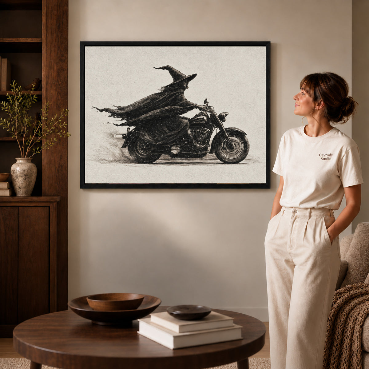Black framed midnight witch rider artwork scene assigned to all six black framed canvas sizes.