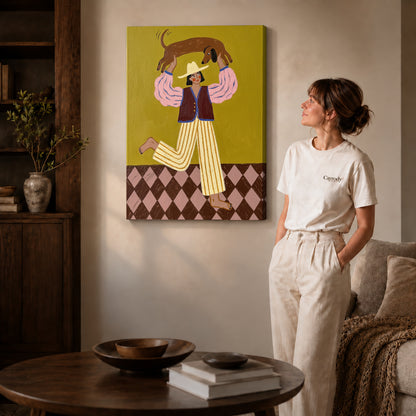 Gallery wrapped folk woman and dachshund canvas art with naturally shaded canvas edges beside a woman wearing cream clothing.