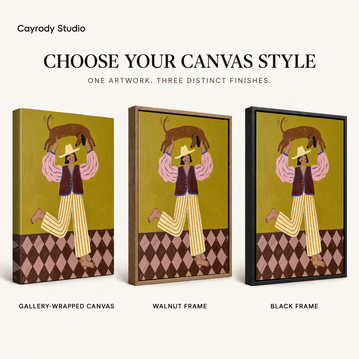 Folk woman and dachshund canvas art finish chart showing gallery wrapped canvas, walnut frame, and black frame options.