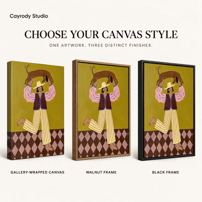 Folk woman and dachshund canvas art finish chart showing gallery wrapped canvas, walnut frame, and black frame options.