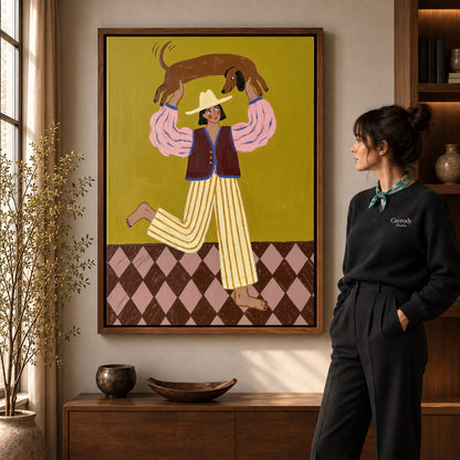 Walnut framed folk woman and dachshund canvas art room scene assigned to all six walnut framed canvas sizes.