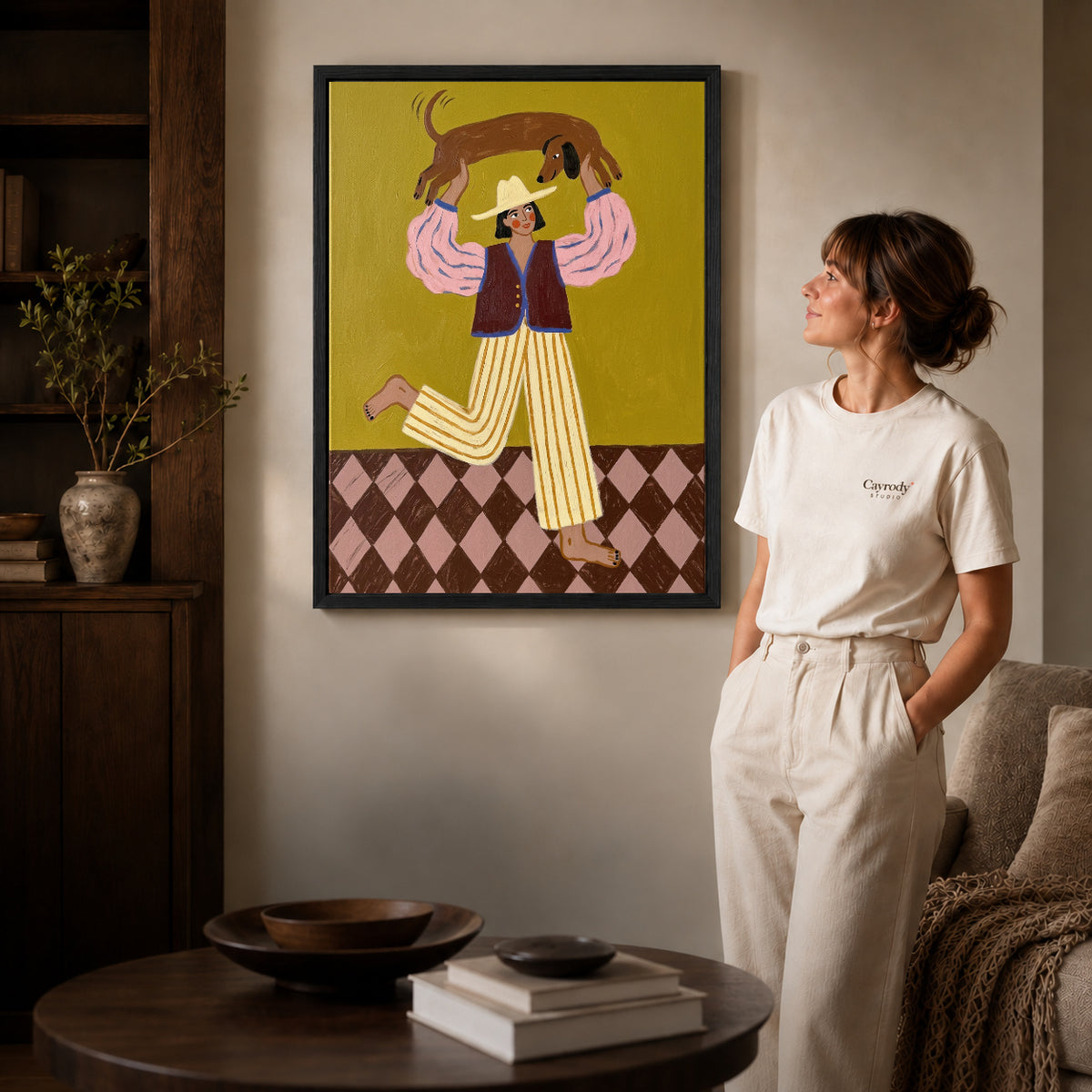 Black framed folk woman and dachshund canvas art room scene assigned to all six black framed canvas sizes.